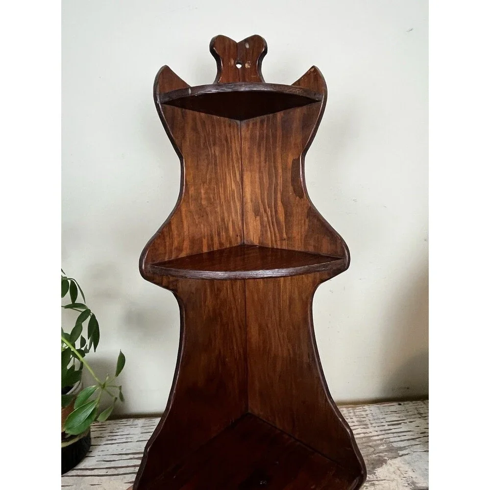 Vintage Dark Wood Corner Shelf 3 Tier Scalloped Wall Hanging Curio Display 18”
